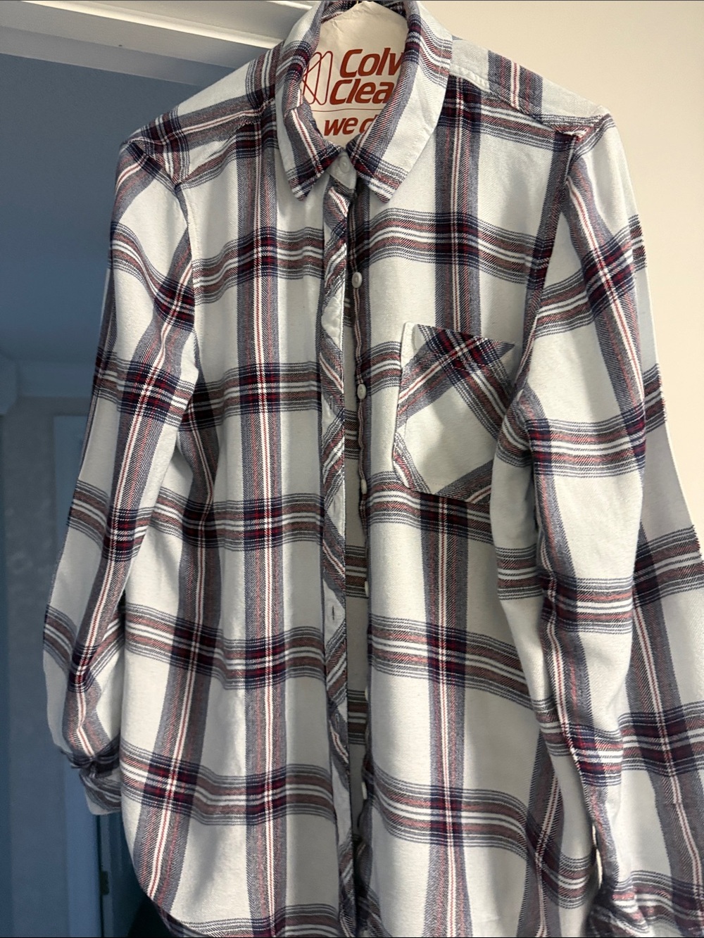 beachlunchlounge White Plaid Button-Down Shirt with Maroon and Gray Stripes